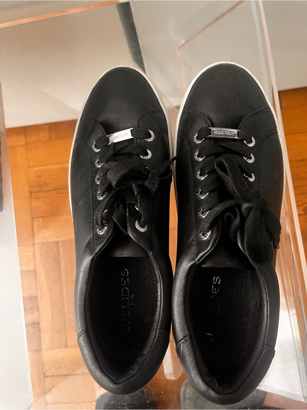 J. Slides Black Leather platform  Low-Top Sneakers with White Midsole